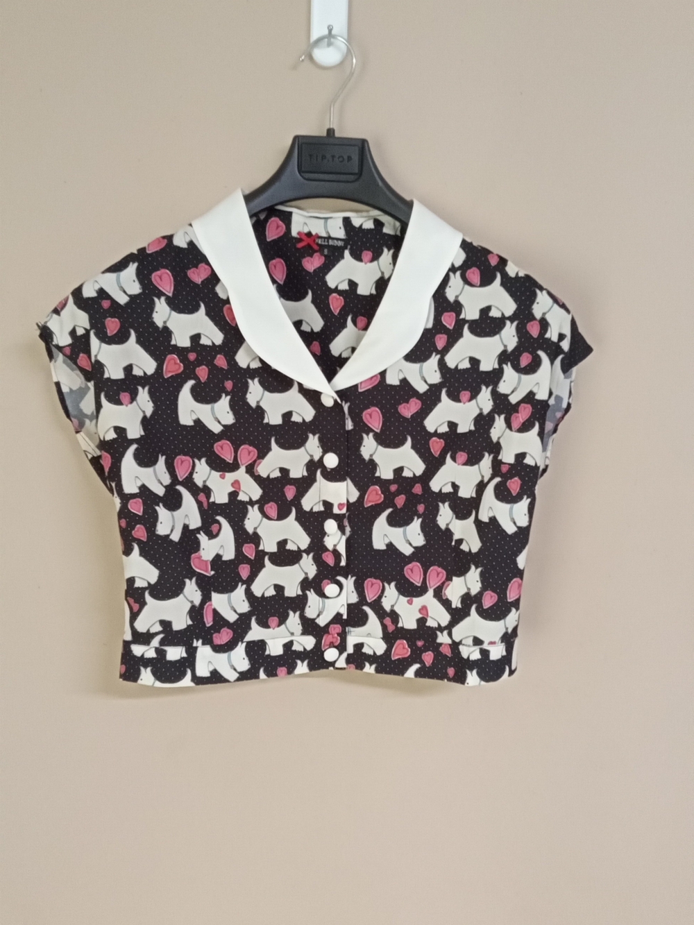 Hell Bunny Black & White Scottie Dog Print Top with Pink Heart Accents